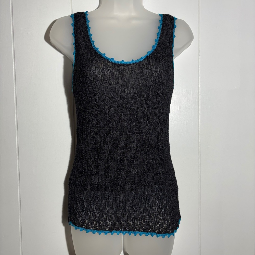 Whimsigoth Black Cyan Blue Trim Crochet Tank‎ Top XL Scoop Festival Boho Indie - Picture 2 of 11